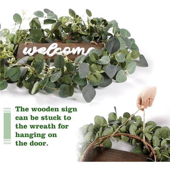 Green Eucalyptus Leaf Wreath with Welcome Sign 20in Artificial Eucalyptus Wreath - Picture 6 of 7